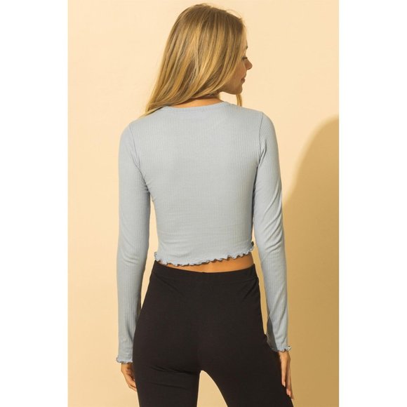 DOUBLE ZERO WOMENS SMOKEY BLUE LETTUCE EDGE LONG SLEEVE CROP TOP - NWT s m l - Picture 3 of 9